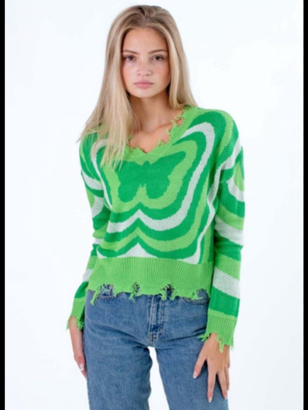 MWT NO COMMENT Distressed Green Butterfly teen Fringed Knit Sweater Sz M $48